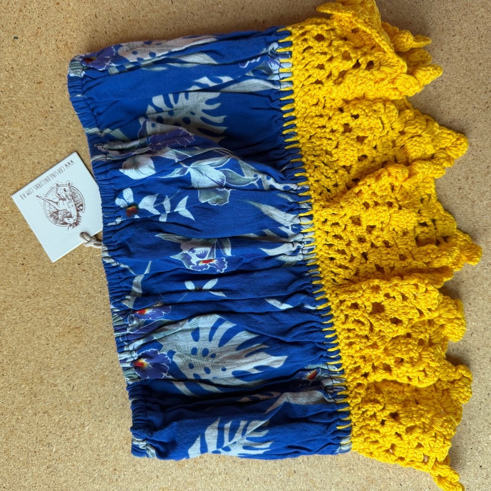 CHASING UNICORNS | Blue/Yellow Crochet Trim Strapless Crop Top